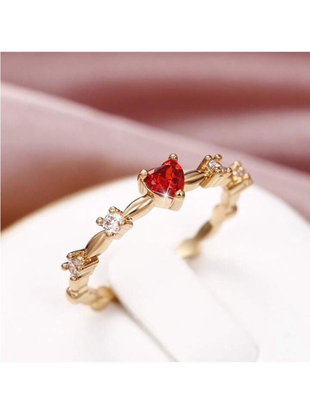 Gold Ruby Heart Ring Cubic Zirconia Size 7